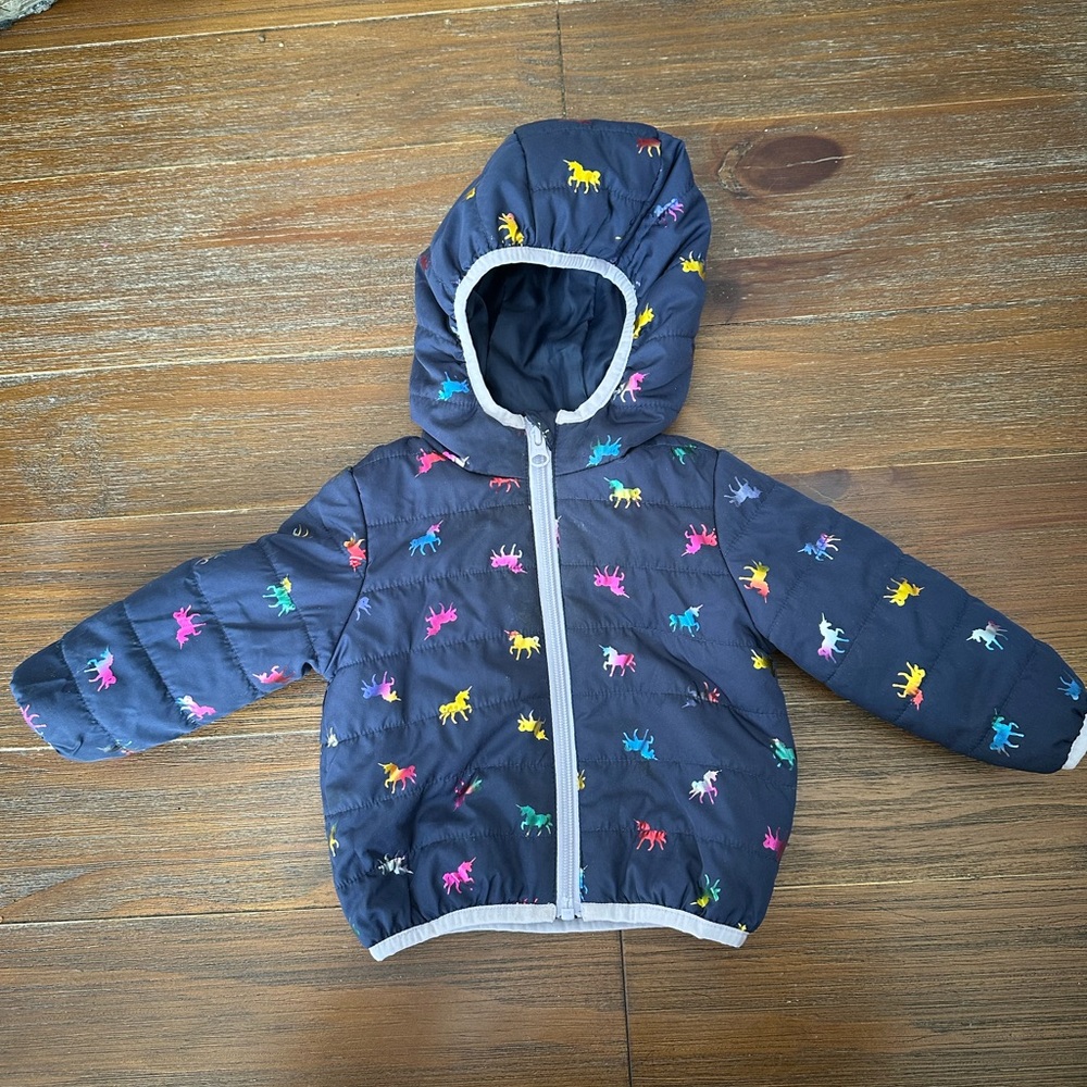 Toddler Hooded Puffer Jacket - Navy with Colorful Animal Print